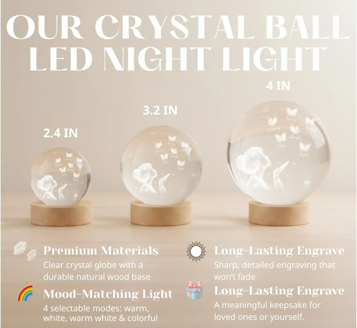 Grandma Mom Butterflies Kiss - Custom Name Engraved Crystal Ball LED Night Light with Wooden Base - Personalized Night Light Gift - Dikila D.A