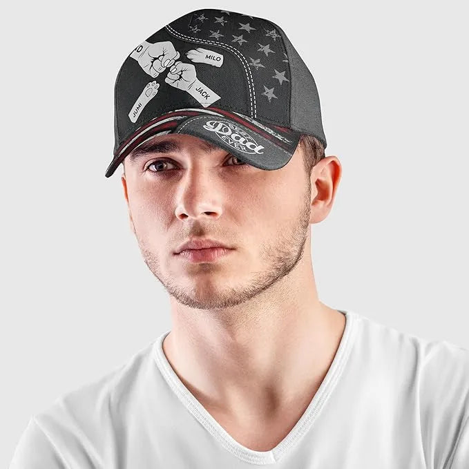 Fist Bump Dad With Kid Names - Personalized Baseball Cap - Gift for Father, Daddy, Grandpa, Fathers Day - Dikila D.A