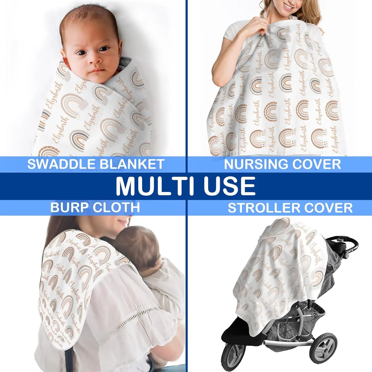 Boho Rainbow Baby Blanket - Personalized Baby Blankets With Name - Best Gift For Baby, New Mom, Newborn - Dikila D.A