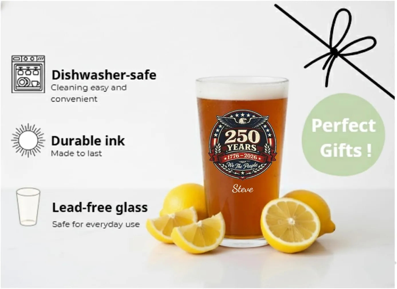 America 250th Anniversary - Personalized Beer Glass - Patriotic Gift for Men, Dad - Dikila D.A