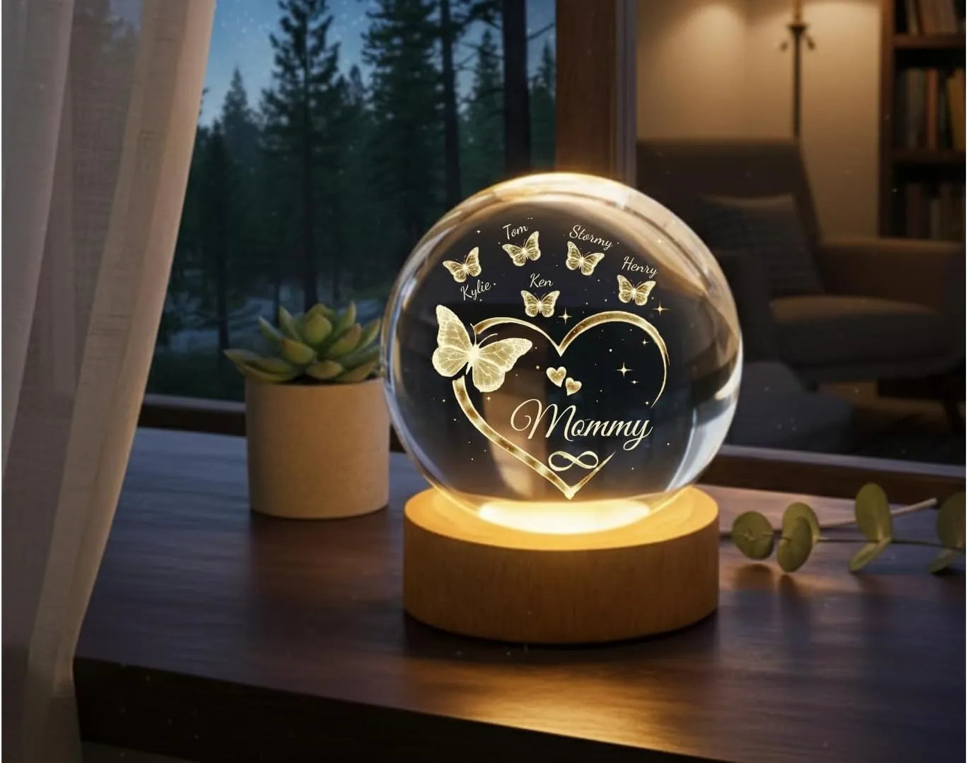 Mommy Grandma Butterfly Kid Name Ball LED Night Light - Personalized Night Light Gift - Dikila D.A