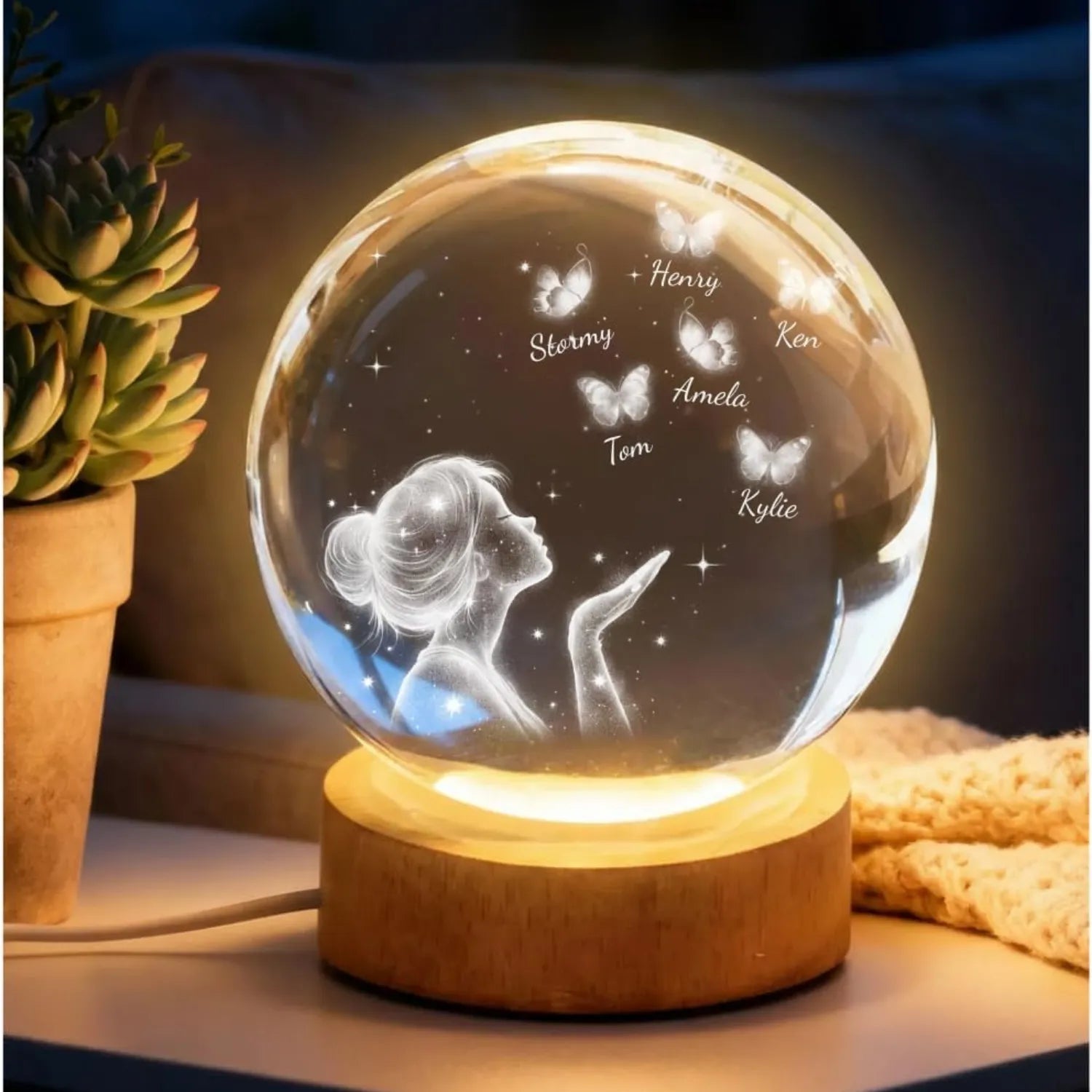 Grandma Mom Butterflies Kiss - Custom Name Engraved Crystal Ball LED Night Light with Wooden Base - Personalized Night Light Gift - Dikila D.A